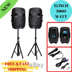 15 Inch Powered Active Speakers Pair with Stand 3000 Watt 2 Way Party Dj PA Music