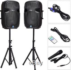 15 Inch Powered Active Speakers Pair with Stand 3000 Watt 2 Way Party Dj PA Music