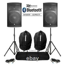 Pair Active DJ Speakers PA Pro Bi-Amp System Bluetooth 15 2800W + STANDS BAGS