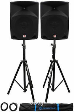 Pair Rockville RPG10 10 1200w Powered PA/DJ Speakers + 2 Stands + 2 Cables+Bag