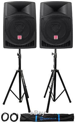 Pair Rockville RPG12 12 1600w Powered PA/DJ Speakers + 2 Stands + 2 Cables+Bag