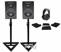 Pair Samson M50 5 Powered Studio Monitors Speakers+Stands+Pads+Headphones