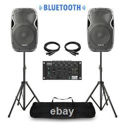 Pair Vonyx 12 Active Powered Speakers Bluetooth MP3 USB Mixer with Stands 1200W