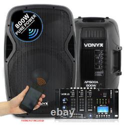 Pair Vonyx 15 Active Powered DJ PA Speakers & Bluetooth MP3 SD USB Mixer 1600W