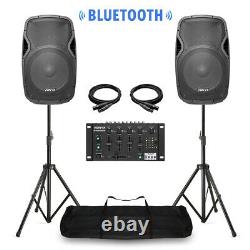 Pair Vonyx 15 Active Powered Speakers Bluetooth MP3 USB Mixer with Stands 1600W