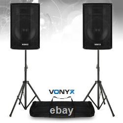 Pair of 15 Active Powered PA Speakers with Bluetooth MP3 DJ with Stands 1600w