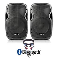 Pair of Active Powered 12 Bluetooth DJ PA Disco Speakers with Cables 1200 Watts