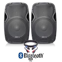 Pair of Active Powered 15 Bluetooth DJ PA Disco Speakers with Cables 1600 Watts