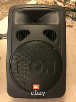 Pair of JBL EON 15 G2 Speakers with Power Drive Chrome stands and trundle bags