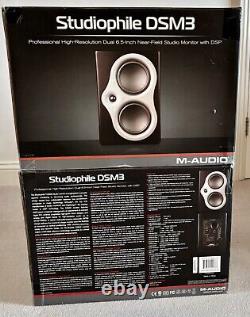 Pair of M-Audio DSM3 Powered Monitor with speaker stands and rack mount mixer