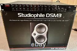 Pair of M-Audio DSM3 Powered Monitor with speaker stands and rack mount mixer