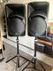 Pair of Mackie SRM 450 v2 powered PA speakers 2 x 400W with K&M stands